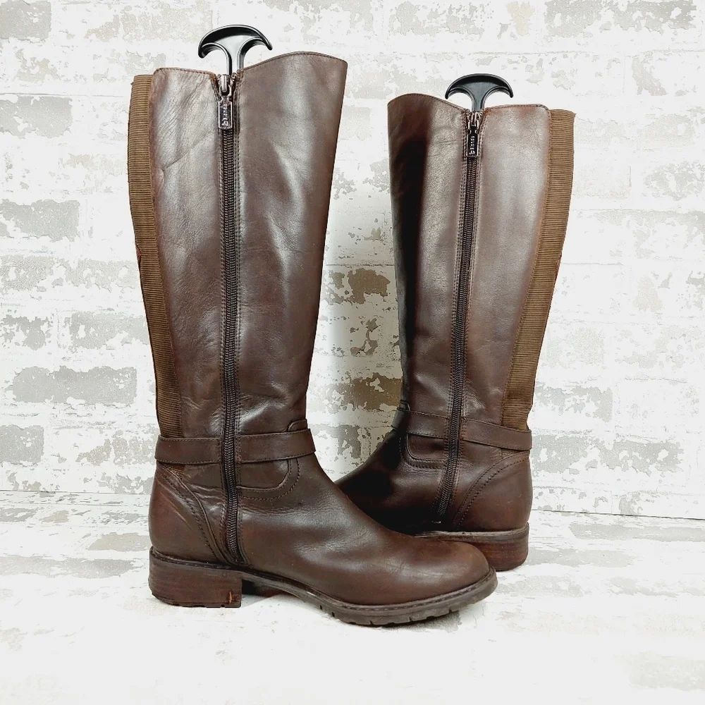 Blondo Valente Brown Leather Elastic Panel Buckle Detail Riding Boots H684